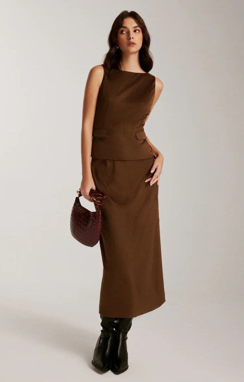 Commense Chocolate Brown Suede Effect Two Piece Skirt Set L NWT - Euro Chic